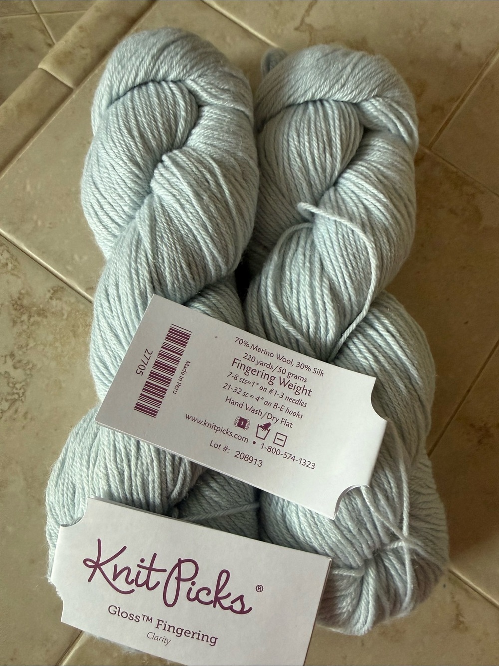 Knit Picks Gloss Fingering Yarn - Light Blue Clarity 2 Hanks